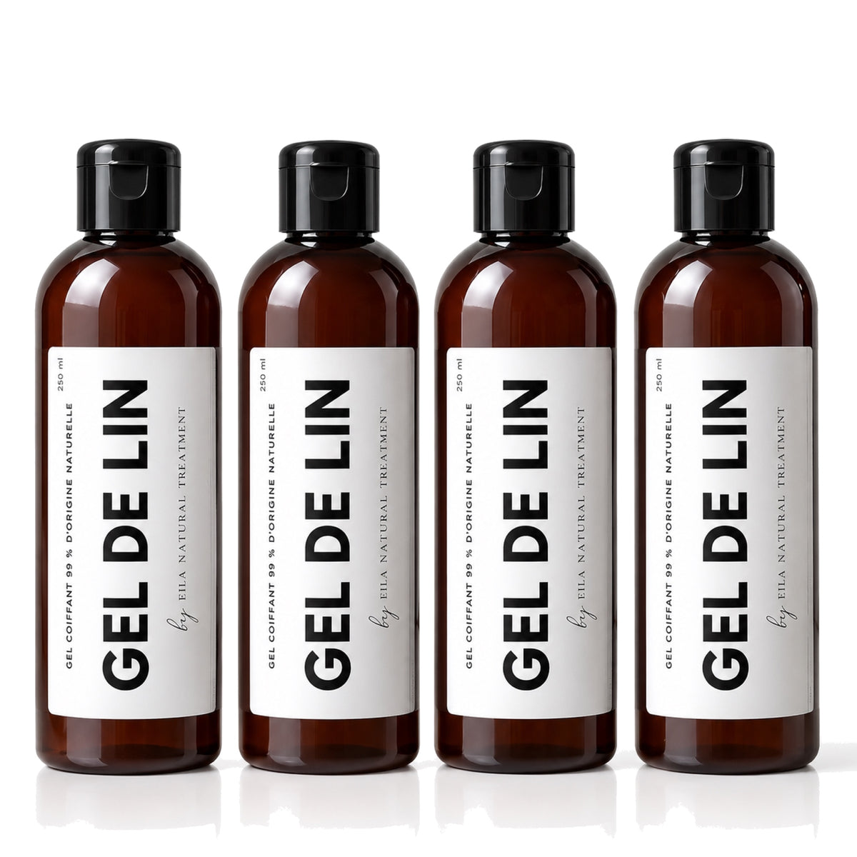 Lot de 4 flacons de Gel de Lin Pur Eïla Natural Treatment 250 ml sur fond blanc