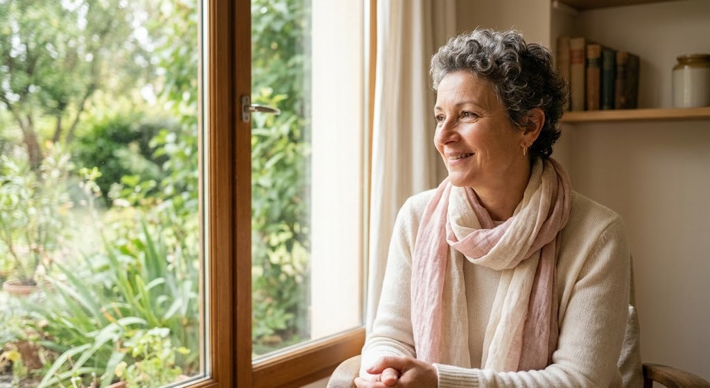 Femme aux cheveux courts et bouclés, foulard rose pâle, souriante près d'une fenêtre