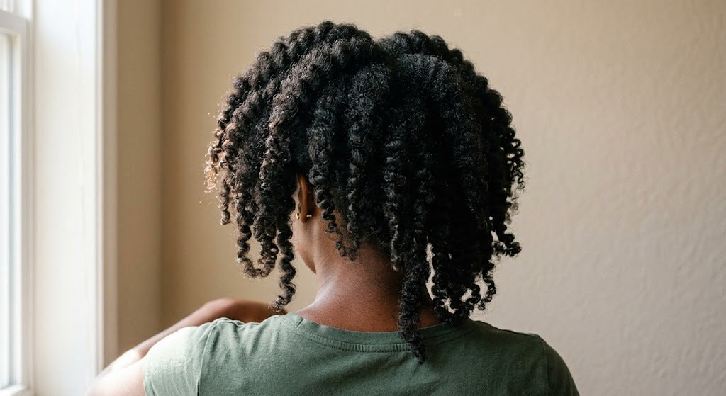 Femme de dos aux cheveux crépus coiffés en twist-out, lumière naturelle