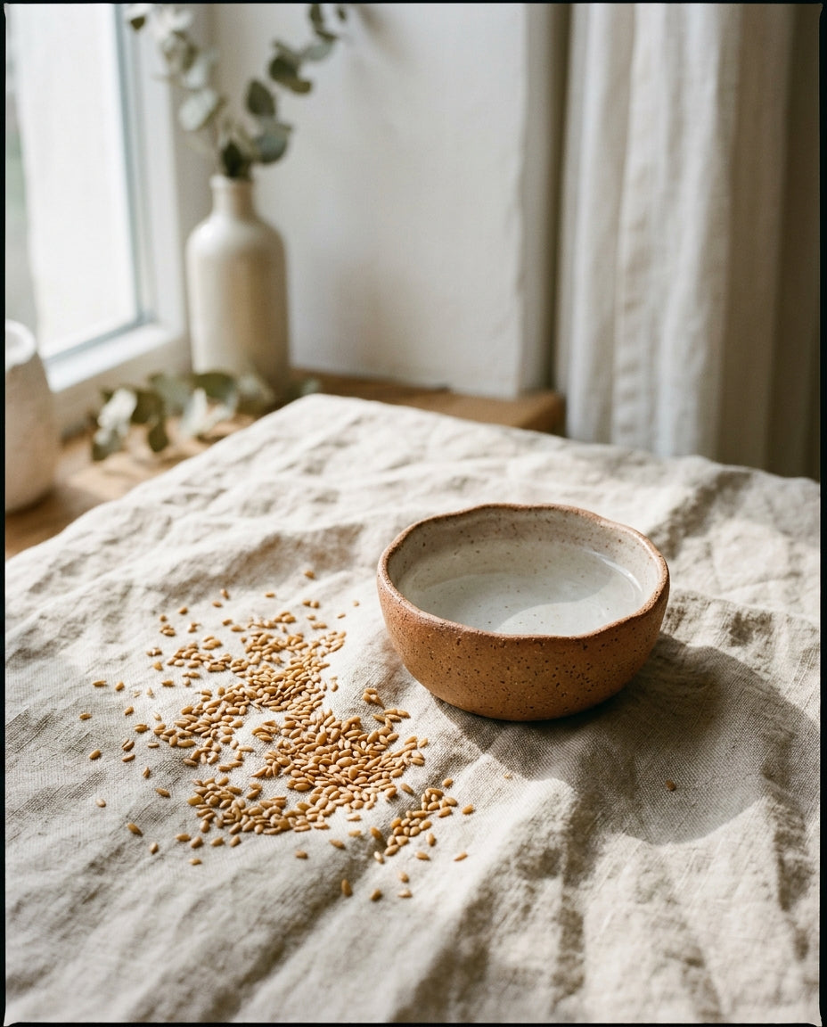 Nature morte de graines de lin et d'un bol d'eau sur un tissu en lin naturel