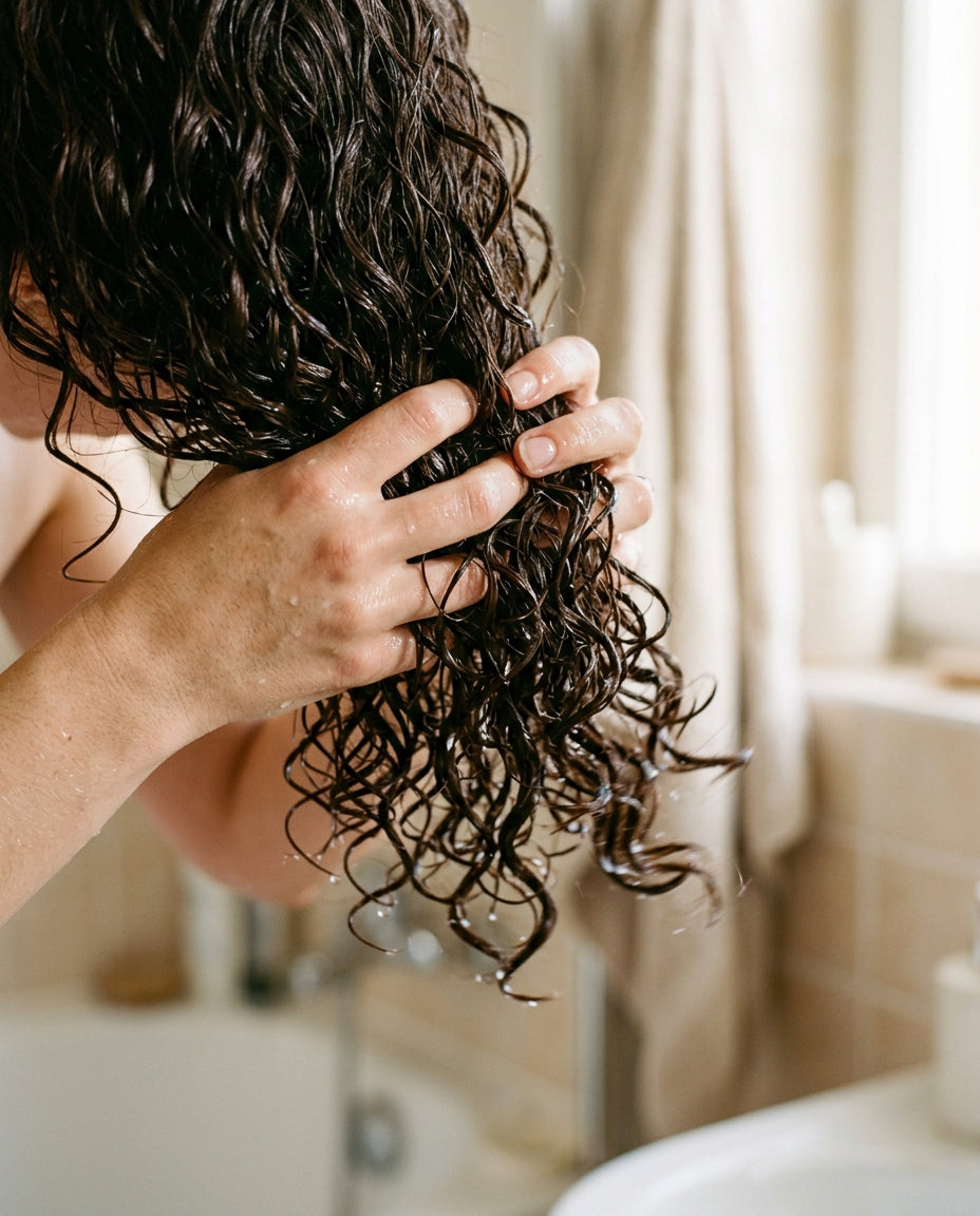 Mains qui froissent des boucles mouillées pour casser le cast du gel de lin