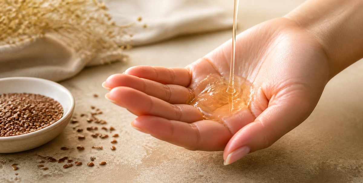 Gel de lin transparent dans le creux d'une main, à côté d'une coupelle de graines de lin