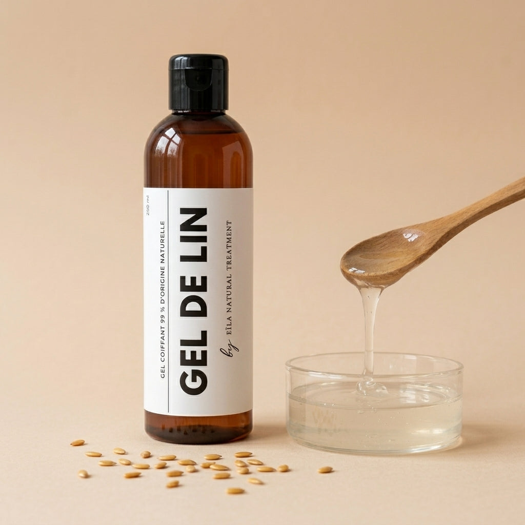 Flacon de Gel de Lin Pur Eïla 250 ml, édition fluide, à côté d'une coupelle de gel de lin translucide et de graines de lin