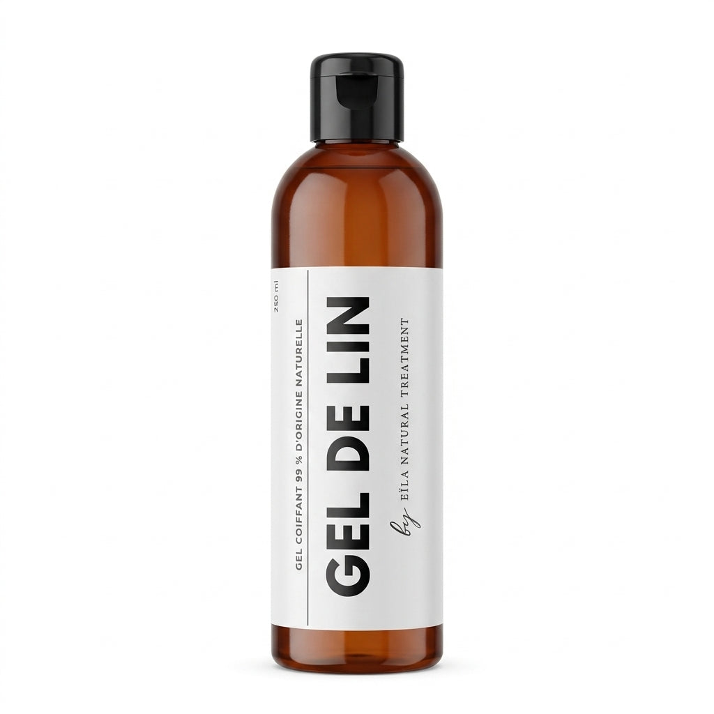 Gel de Lin Pur Eïla Natural Treatment 250 ml sur fond blanc, gel coiffant 99 % d'origine naturelle