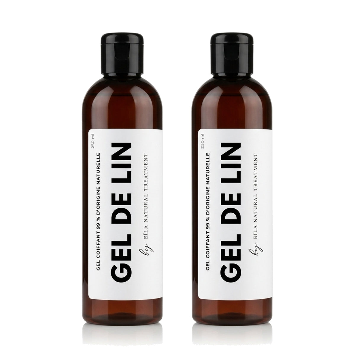 Lot de 2 flacons de Gel de Lin Pur Eïla Natural Treatment 250 ml sur fond blanc